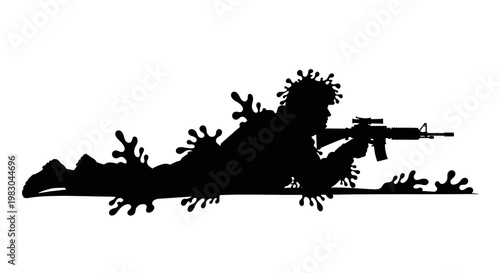 Silhouette of soldier crawling with assault rifle, camouflage, tactical gear, military action