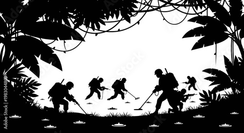 Silhouette Soldiers with Metal Detectors in Jungle Warfare Scene