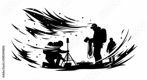 Silhouettes of explorers setting up equipment in a snowy, windy environment.