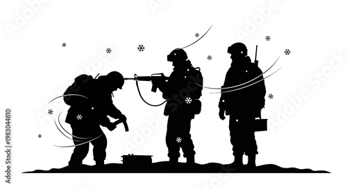 Silhouette soldiers in snow, one kneeling with rifle, preparing for winter combat