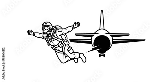 Skydiver Jumps From Jet Plane Wearing Gas Mask, Military Parachutist Mid-Air Action