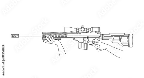Sniper Rifle Aiming and Firing Technique with Hands Holding Weapon