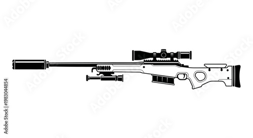 Sniper Rifle with Silencer and Scope, Military Weapon, Precision Shooting Tool