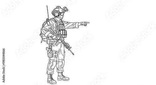 Soldier Aiming Rifle, Military Man Pointing Finger, Combat Gear, Tactical Vest, Assault Rifle