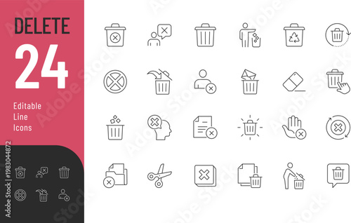 Delete Line Editable Icons set. Vector illustration in a modern thin line style of remove, trash bin, erase icons, and more. Isolated on transparent background.