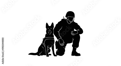 Soldier and Military Working Dog Silhouette Kneeling Together