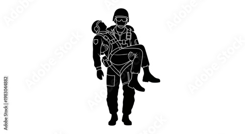 Soldier carrying injured comrade, military rescue, tactical medical evacuation, teamwork, support