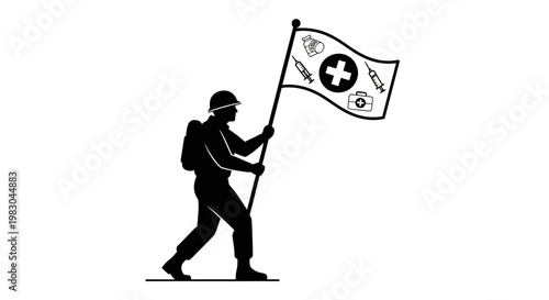 Soldier holding a medical flag with medical symbols, representing military medicine and healthcare.