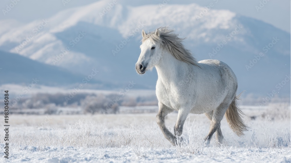 Fototapeta premium White Horse Galloping Through Snowy Landscape With Mountains In Background. Symbol Of Freedom And Nature'S Beauty