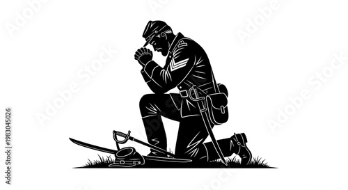 Soldier Praying on Knees, Civil War Era, Sword and Hat on Ground, Faith and Hope
