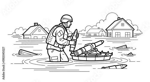 Soldier loading artillery in flooded town, disaster relief, military operation