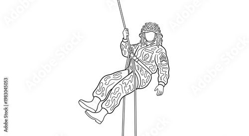 Soldier rappelling down a rope with military equipment, action, training, extreme sport