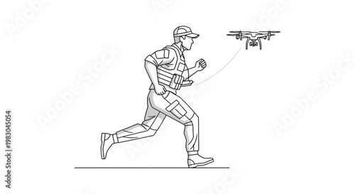 Soldier running with drone following, military technology, surveillance, tactical operations