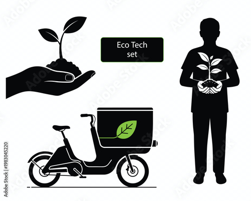 Eco-friendly technology set with human hand holding plant and green delivery bike