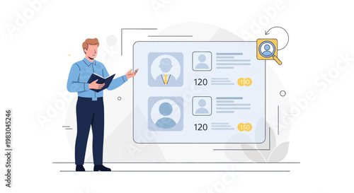 Man Presenting Data List with Search Icon and User Profiles