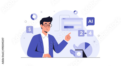 Man presenting data analytics and AI concept with charts and graphs