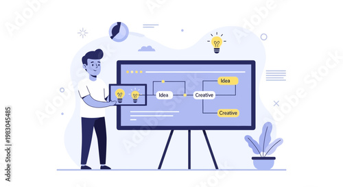 Man Presenting Idea Flowchart on Screen, Creative Thinking and Innovation Concept