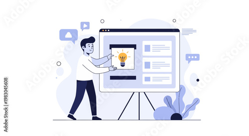 Man presenting idea on screen with lightbulb icon, business concept