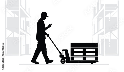 A worker utilizes a mobile device while operating a pallet jack within a warehouse setting depicted as a silhouette high quality professional detailed modern