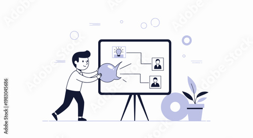 Man presenting idea on whiteboard with speech bubble and flow chart