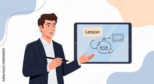 Man presenting online lesson on tablet, digital education concept