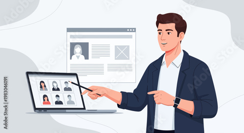 Man presenting online meeting on laptop, pointing to screen with participants