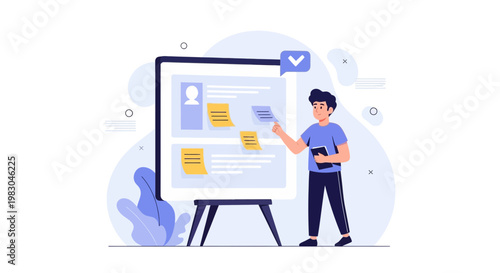 Man presenting project on whiteboard, business strategy, planning, teamwork, modern flat illustration