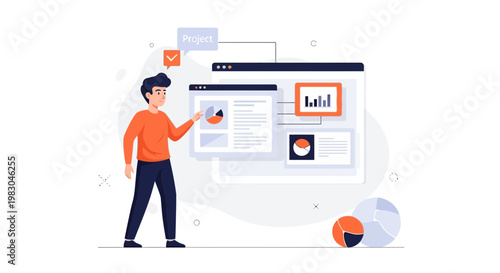Man presenting project analytics with charts and graphs on screen
