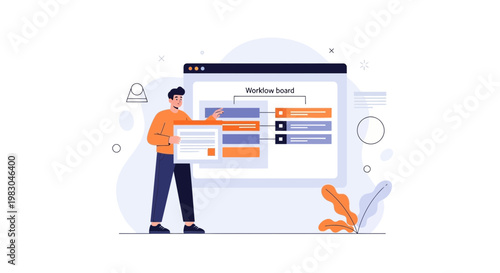 Man presenting workflow board with tasks and progress, business concept illustration