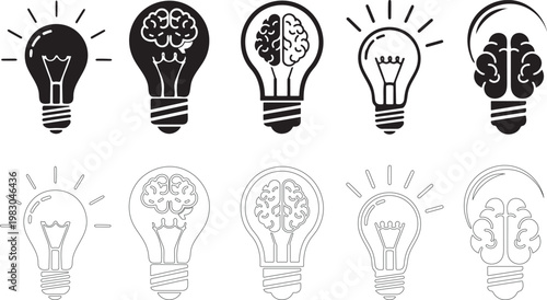 Brain in light bulb icon set. Creative, generating idea, solution , knowledge, lamp - stock vector.