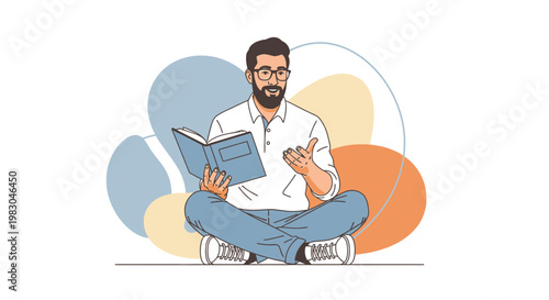 Man reading book sitting cross-legged, illustration, concept of education and knowledge