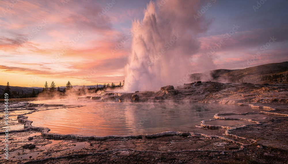 Fototapeta premium Dramatic Volcanic Geyser Erupts Against a Colorful Sunset Sky, with Steam Rising from Hot Springs and Rugged Geothermal Landscape Details