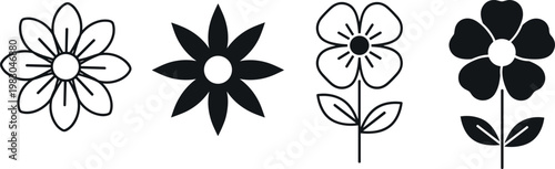 Minimalist Flower Icon Set with Black Line Art and Silhouette Floral Designs for Web Mobile App Interface Gardening Logos and Decorative Pattern Elements