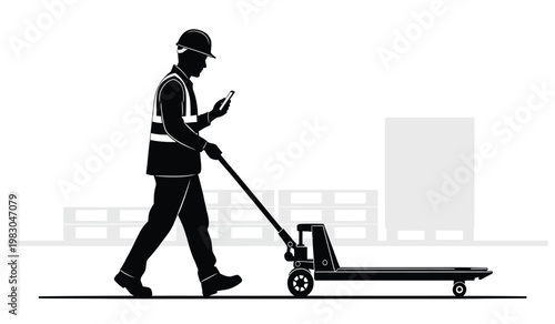 A construction worker utilizes a mobile phone while operating a pallet jack amidst stacked pallets depicted as a dark silhouette high quality professional detailed