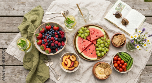 Picnic lunch with fresh fruit, berries and vegetables served on a wooden table. Healthy outdoor dining with watermelon, hummus, strawberry and lemonade.