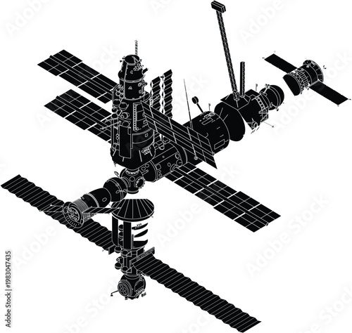 International Space Station Silhouette Vector Illustration, ISS Orbital Satellite Aerospace Icon Isolated on Transparent Background
