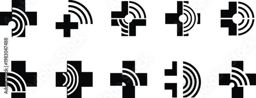 Set of Digital Healthcare Icons with Medical Cross and Integrated Wireless Wifi Waves