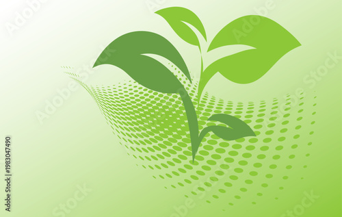 成長する若葉とデジタルドットが融合したエコロジーとサステナブル社会を象徴するナチュラルグリーン背景