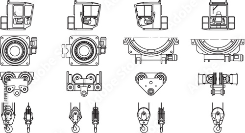 Industrial blueprint illustrating various components of a crane, meticulously detailed to show structural integrity.