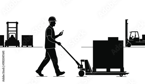 A worker in a hard hat uses a mobile phone while operating a pallet jack in a warehouse setting depicted as a silhouette