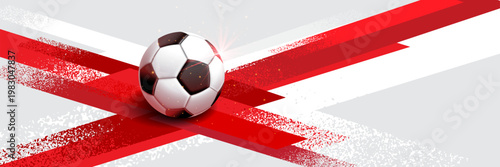 Creative England football background featuring red cross brush strokes with a soccer ball on minimal grey layout. Clean and modern sports composition
