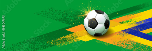 Modern abstract Brazil football background with dynamic green and yellow brush strokes, soccer ball element,