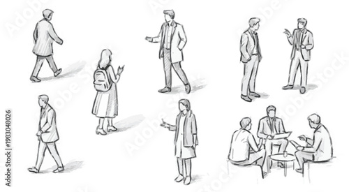 Sketch of business people in various poses and interactions