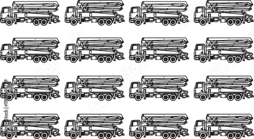 A repetitive pattern of Concrete mixer truck. This graphic resource features a stylized design of multiple concrete mixer trucks, arranged in a grid-like fashion, perfect for design needs.