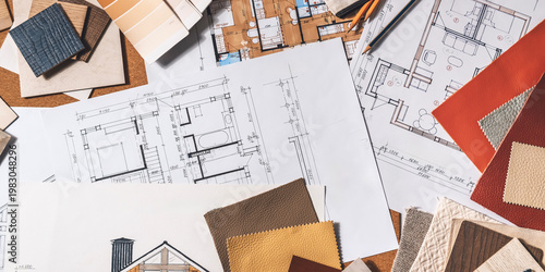 Interior design planning with architectural drawings, color swatches and material samples, residential renovation concept, finish selection and home design workflow.