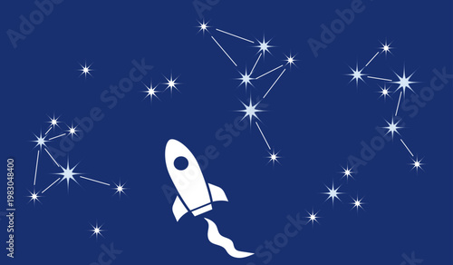 星座とロケットが夜空を旅するシンプルな宇宙イラスト、夢と冒険を象徴するミニマルデザインのスペース背景素材