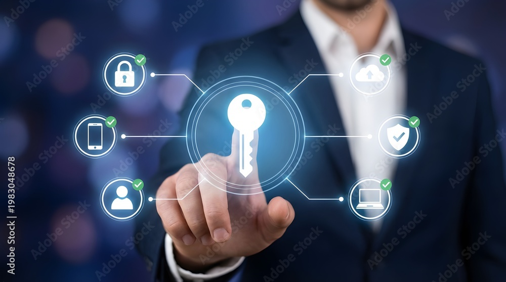 Fototapeta premium Digital security key, a businessman's hand touching a glowing virtual key icon, surrounded by secure data protection symbols. Cybersecurity concept for online privacy, access control