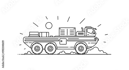 Amphibious Military Truck Driving Through Muddy Terrain, Vector Illustration