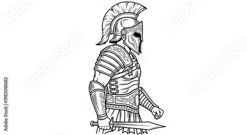 Ancient Roman Warrior Gladiator Holding Sword, Black and White Line Art