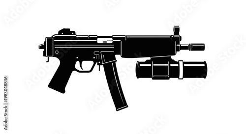 Black silhouette of a submachine gun with a silencer and tactical flashlight attachment